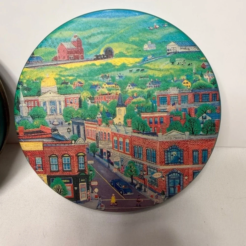 Vintage Heilig-Meyers‎ Folk Art Small Town Main Street Coaster Set with Tin 4pc
